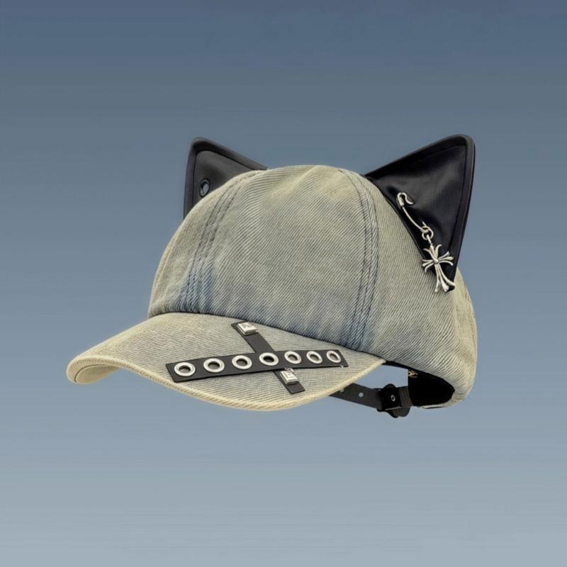 Потертая бейсболка с металлическими украшениями и кошачьими ушками из ПУ кожи, субкультурная шляпа от солнца для женщин, уличная одежда, хип-хоп, танцы
