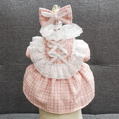 INS Pet Dog Plaid Dress with Clip Hair Cute Colling Set Cat Clothing Spring Autumn Niche Lace Dress Dog Clothing for Small Dogs