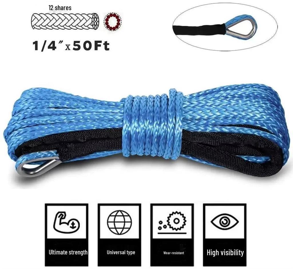 6mm x 15m Synthetic Winch Rope, 4T Tow Strap for ATV/UTV Off-road Accessories