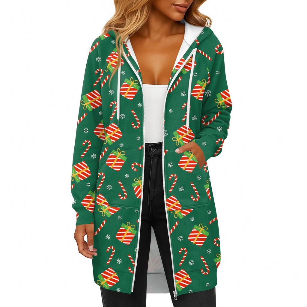 Women's Fashionable Christmas Printed Long Sleeved Drawstring Hooded Zipper Pocket Long Casual Sweatshirt Jacket
