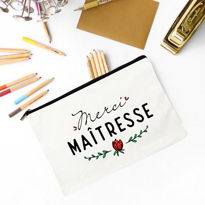 Teacher Superpower French Letter Print Women Cosmetic Bag Canvas Zipper Makeup Pouch Purse Organizer Pencil Bags Toiletry Bag
