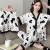 Pajamas Three-Piece Spring and Summer Loose Cardigan Cute Sweet Homewear Casual and Comfortable Thousand Birds Black Pajama Set
