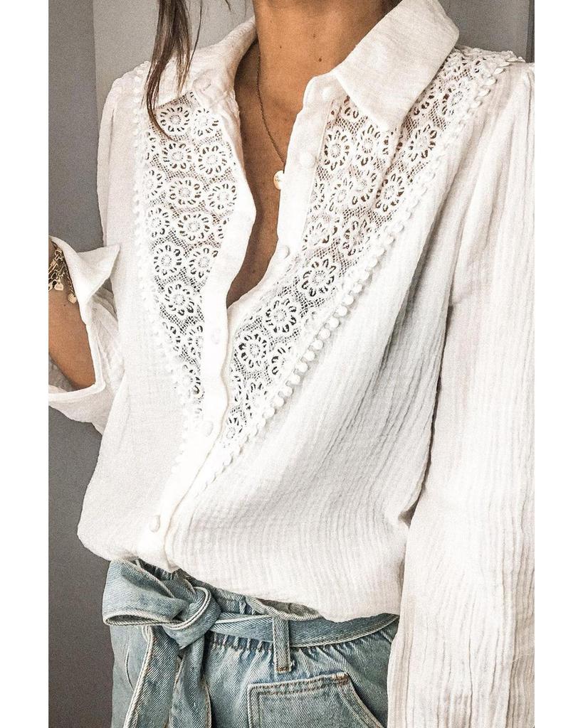 Azura Exchange Lace Hollow-out Splicing Crinkled Shirt