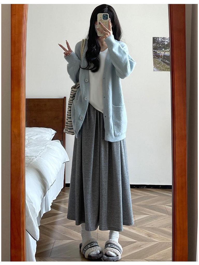 Темно-серая юбка А-силуэта с высокой талией для ранней осени: Женская повседневная струящаяся стройнящая юбка