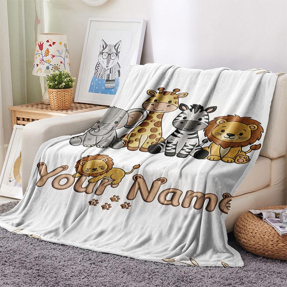 Custom Name,Cute Safari Animal Series Printed Flannel Blanket, soft throw for bedroom sofa, washable,fan merchandise, great gift.chl