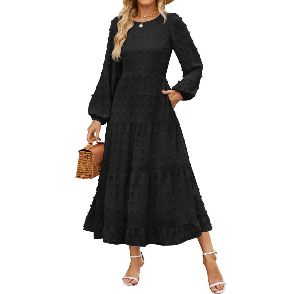 Women's Casual Round Neck Polka Dot Tiered Long Sleeve Ruffle Pocket Dresses