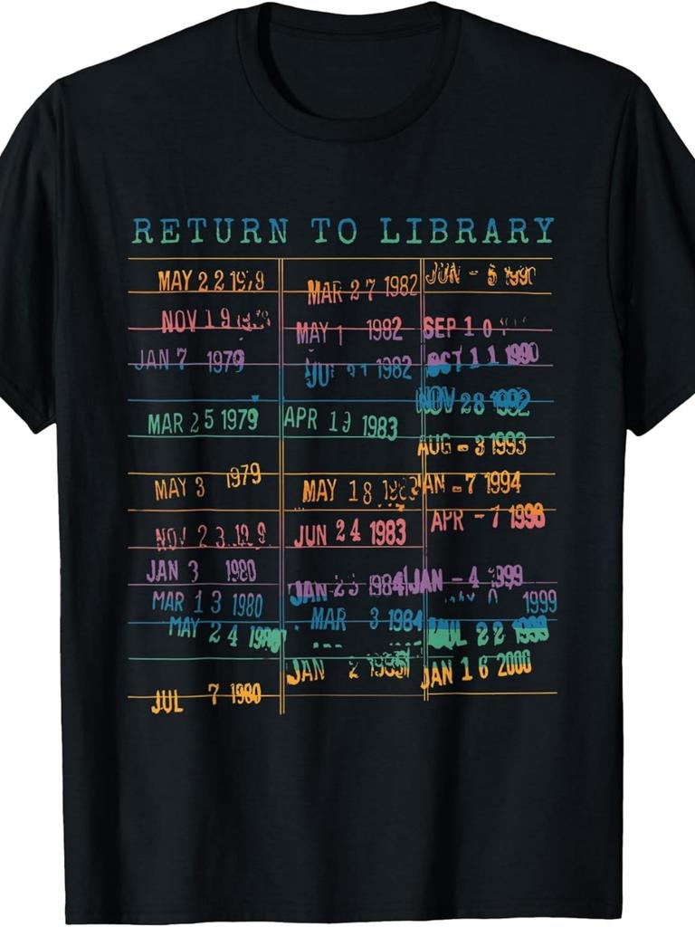 A Vintage Library Card T-Shirt Featuring a Bookish Rainbow Design, Perfect for Casual Wear in Any Se