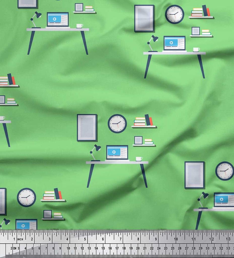 Soimoi Синий японский креп-сатиновый монитор, книги и учебный стол, образовательная тема, метр швейной ткани с принтом, 42 дюйма