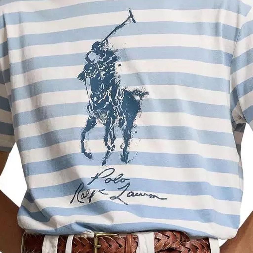 Мужская футболка Polo Ralph Lauren с принтом логотипа в виде букв, в полоску, с круглым вырезом и короткими рукавами, синяя 710941840-001