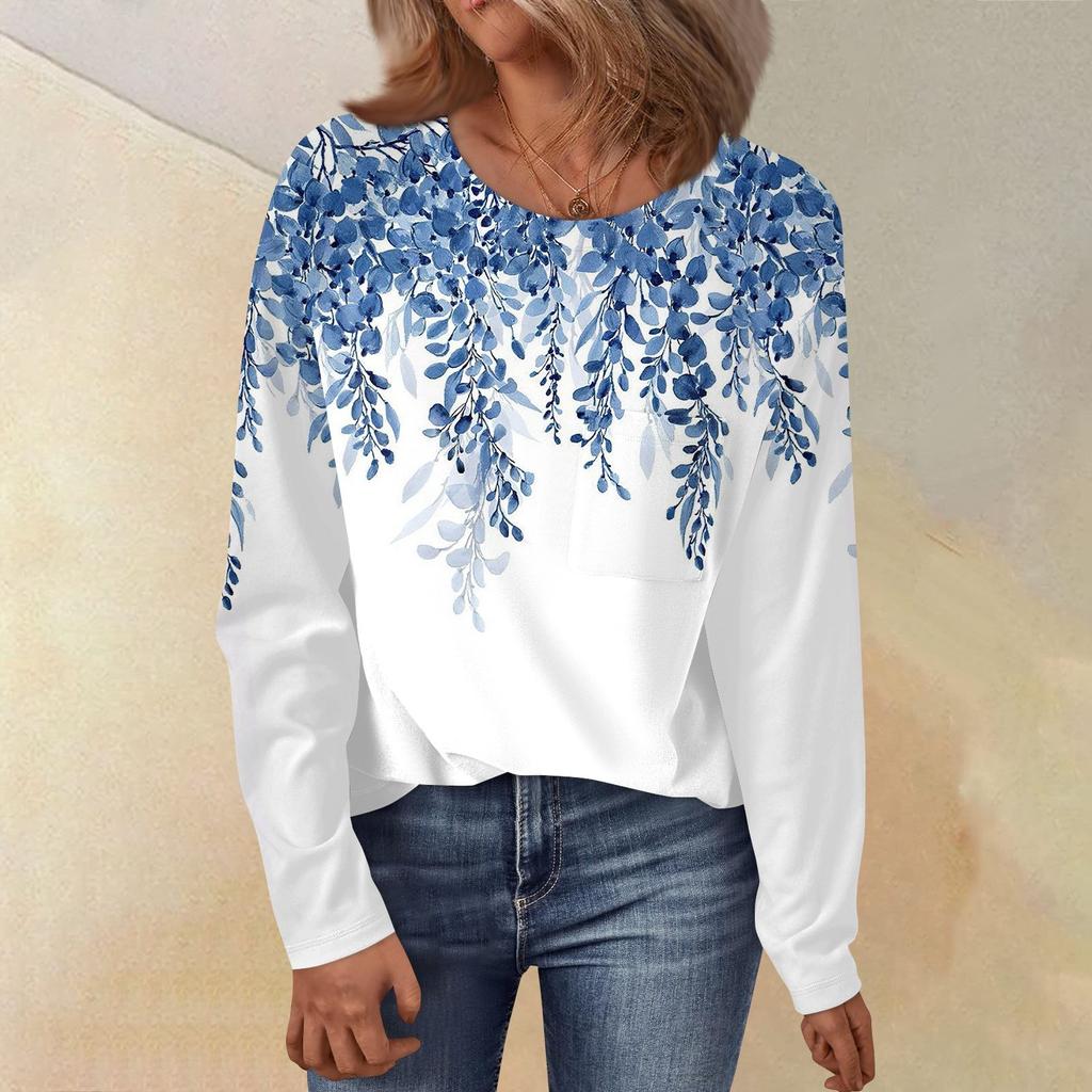 Женский свободный топ с круглым вырезом, цветочным принтом и длинными рукавами