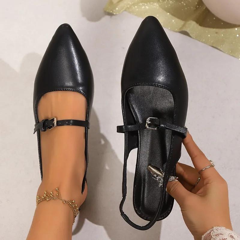 Летняя новая корейская версия женских сандалий черного цвета с заостренным кончиком и пустыми французскими простыми повседневными сандалиями длиной 42 ярда