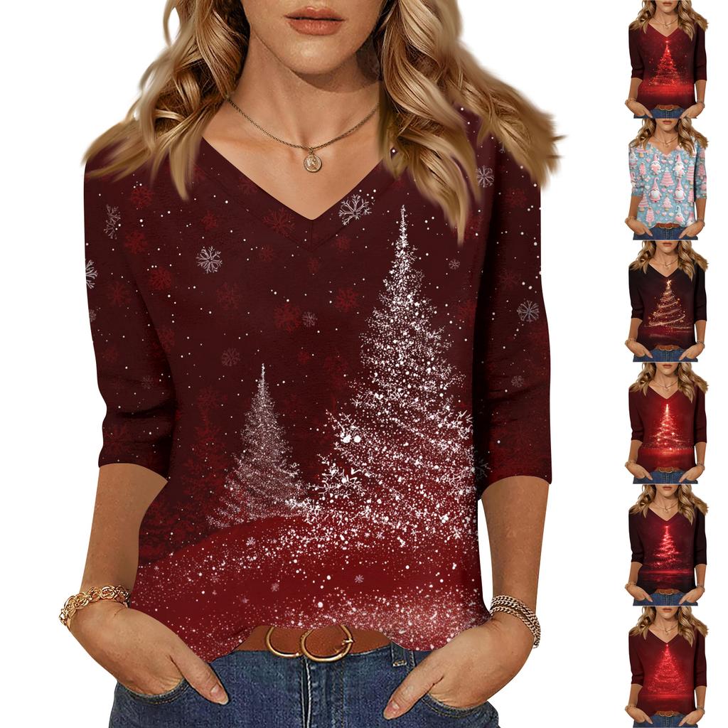 Women's Tops Three-quarter Sleeve Shirt V-neck Loose Casual Shirt Print T-shirt