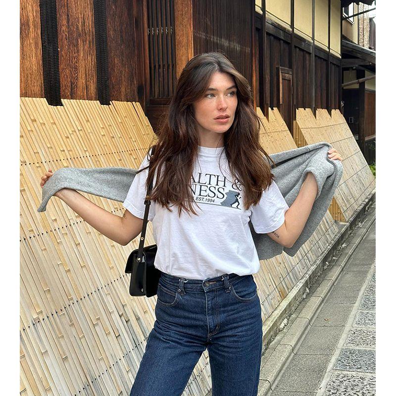 Health Fitness Niche Style American Retro Sports Style Running Fitness Girl Pure Cotton Short Sleeve T-shirt