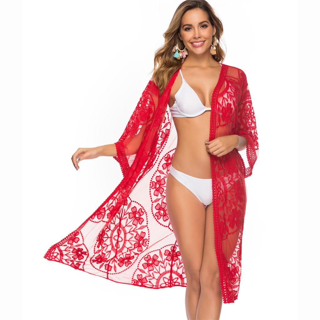 Women's Cardigan Explosion Beach Coverup Mesh Bikini Outer Cardigan Lace Embroidery Sunbrella