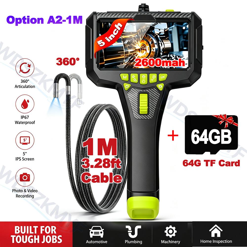 5" IPS 360° Articulating Borescope,6mm Snake Tube IP67 Waterproof Industrial Endoscope 64G for Auto Engine Pipe HVAC Inspectio
