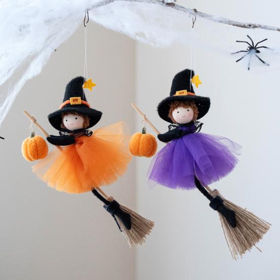Halloween Hanging Witch Decor Mini Plush Flying Witch Doll with Broom for Haunted House Lawn Garden Patio Halloween Party Decor