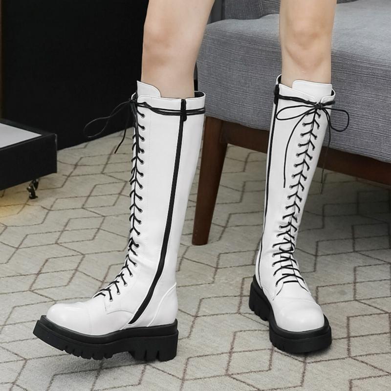 Fashion Fur Winter High Boots Women Shoes Lace Up Women's Knee High Boots Platform Waterproof Black White Long Combat Boot Shoes