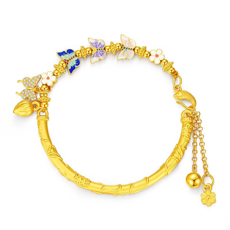 925 Sterling Silver Small Flower Butterfly Half-Bangle Half-Chain Bracelet - Light Luxury, High-End New Chinese National Style