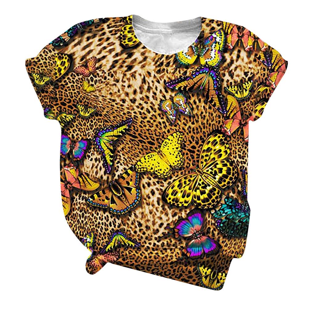 XL-7XL Plus Size Leopard Tee Butterfly Digital 3D Printed Short Sleeved T-shirt Men Women Couple Round Neck Top