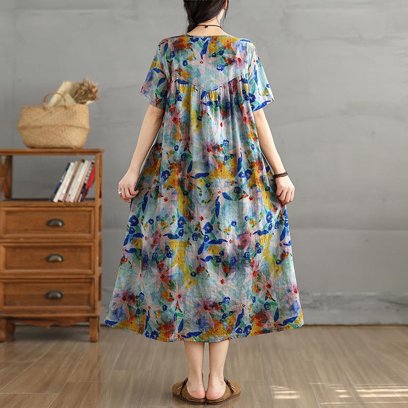 DIMANAF Women 2025 Summer Plus Size Vintage Floral Printing Dress Loose Casual Dress Basic Short Sleeve Long Dress
