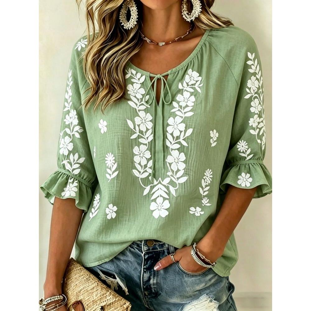 Women's Light Blue Starfish Seashell Ocean Print Tie Neck Ruffle 3/4 Sleeve Summer Beach