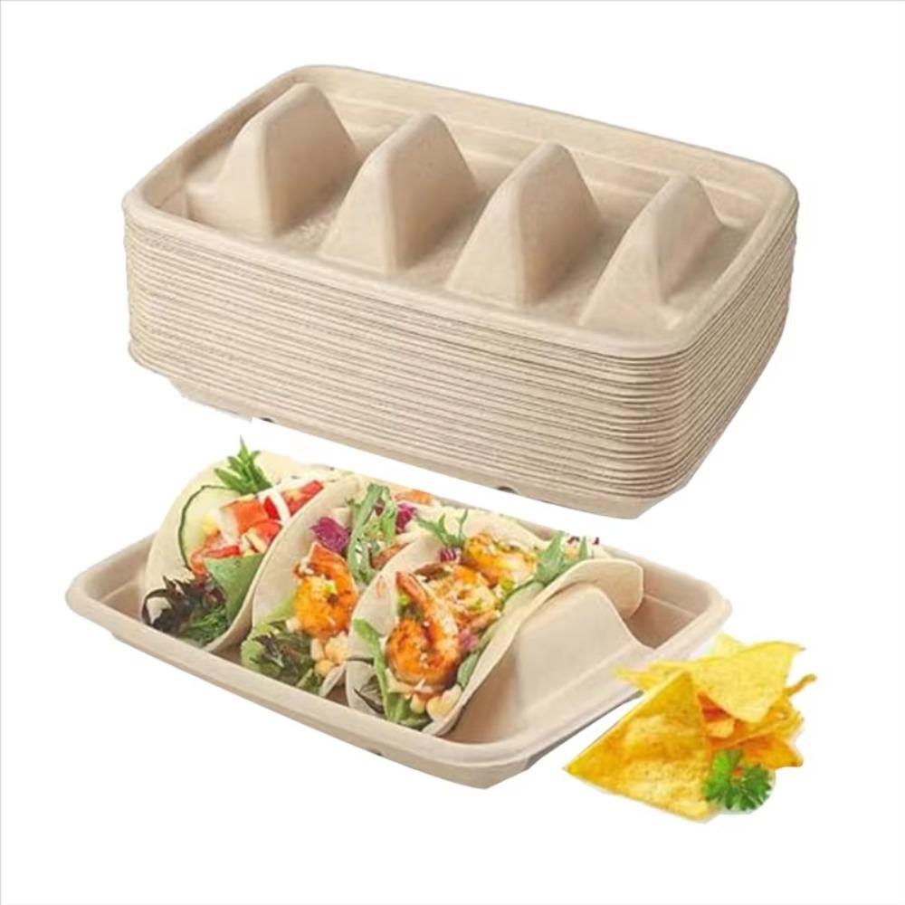50Pcs Biodegradable Taco Holder 3 Compartments Taco Serving Tray Disposable Taco Plates Restaurant