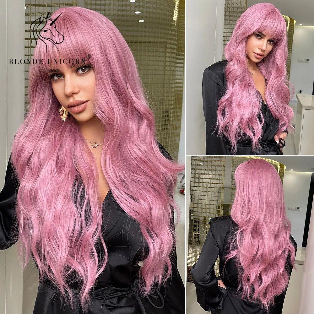 Блондинка-единорог, коричневый блондин, синтетический парик, длинные волнистые парики с челкой, повседневный косплей, вечерние, термостойкое волокно для женщин