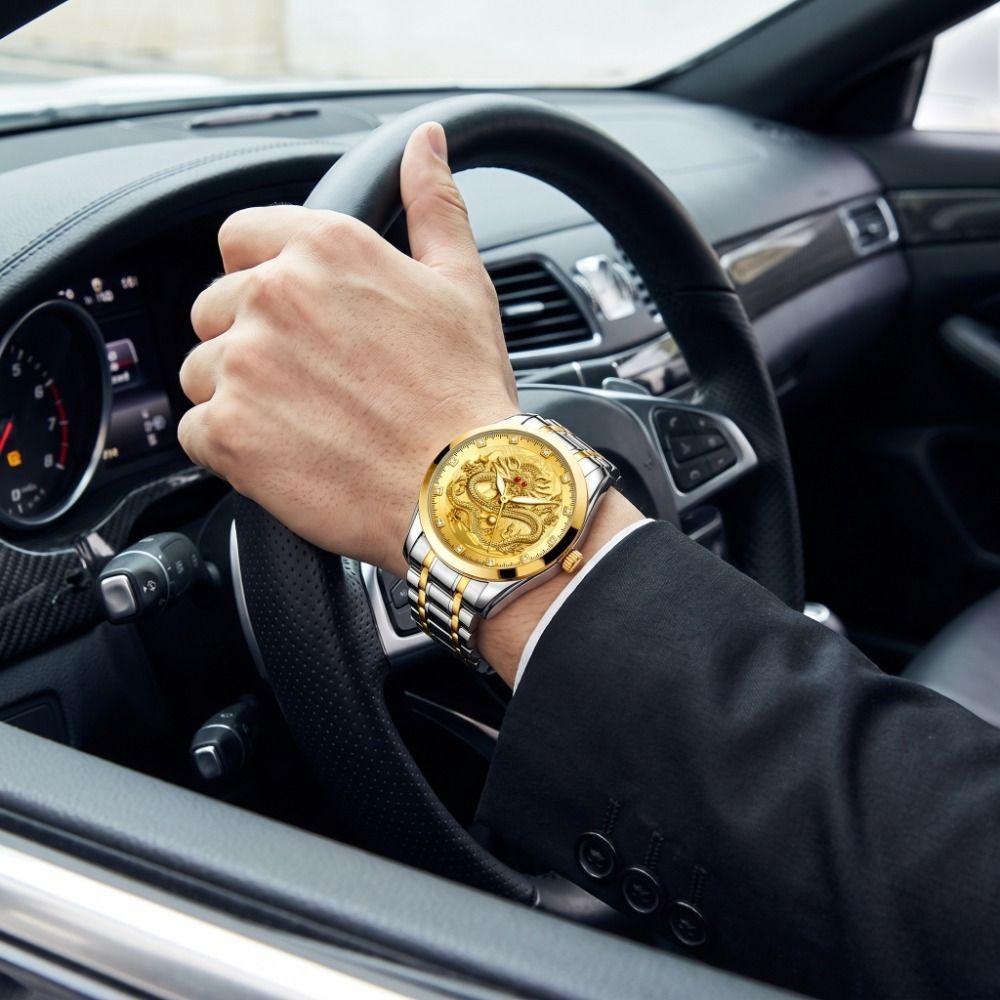 Stainless Steel Band Men's Watch Gold Color Dragon Pattern Clock Fashion Gold Dragon Watch Women