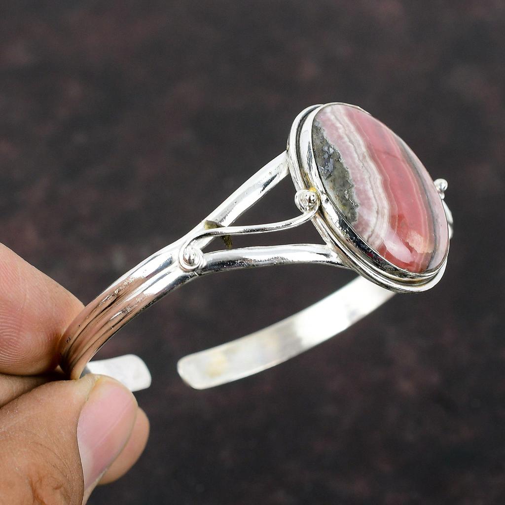 Rhodochrosite Cuff Bracelet Real Gemstone Bangle 925 Sterling Silver Cuff Bracelet Handmade Jewelry Adjustable Bangle For Gift Women Jewelry