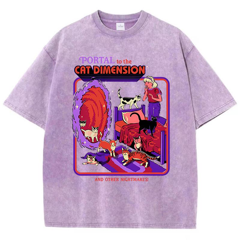 Портал для кота Измерение стирать ретро мужская одежда мода футболки уличная одежда хлопок свободные топы дышащая футболка пара