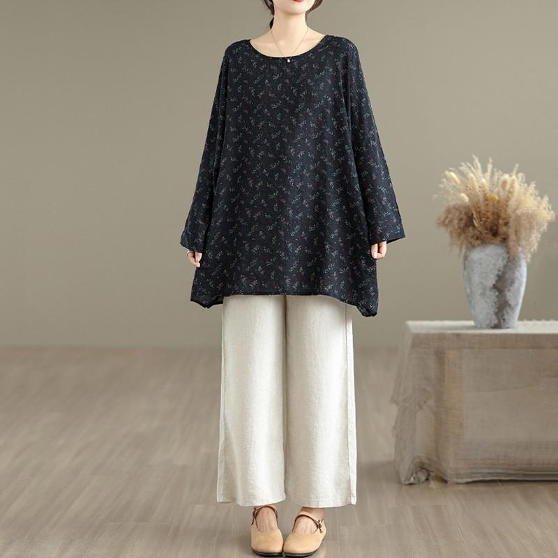 Хлопковая винтажная футболка с длинным рукавом оверсайз с цветочным принтом, повседневная свободная, топы, женская футболка на весну-осень