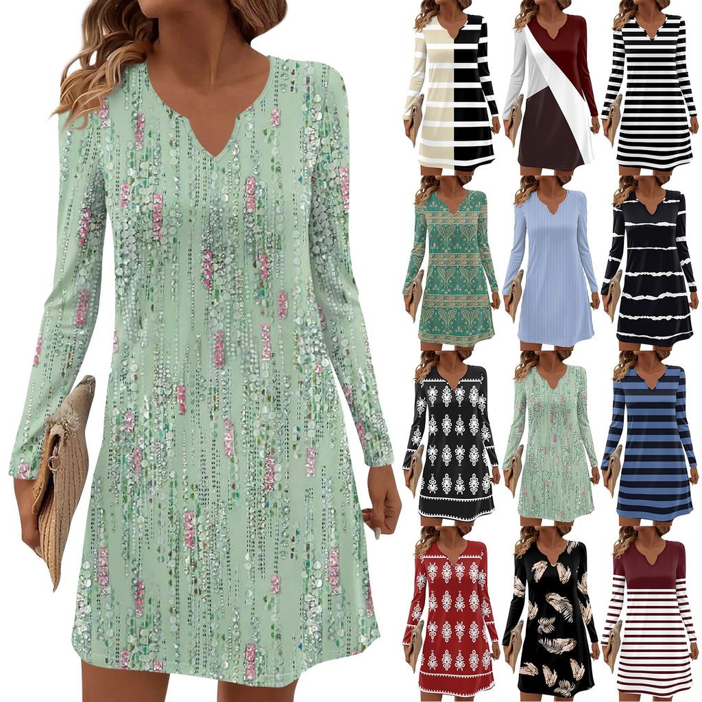 Women's Long-sleeved Casual Midi Dresses V-Neck Print Casual Dress