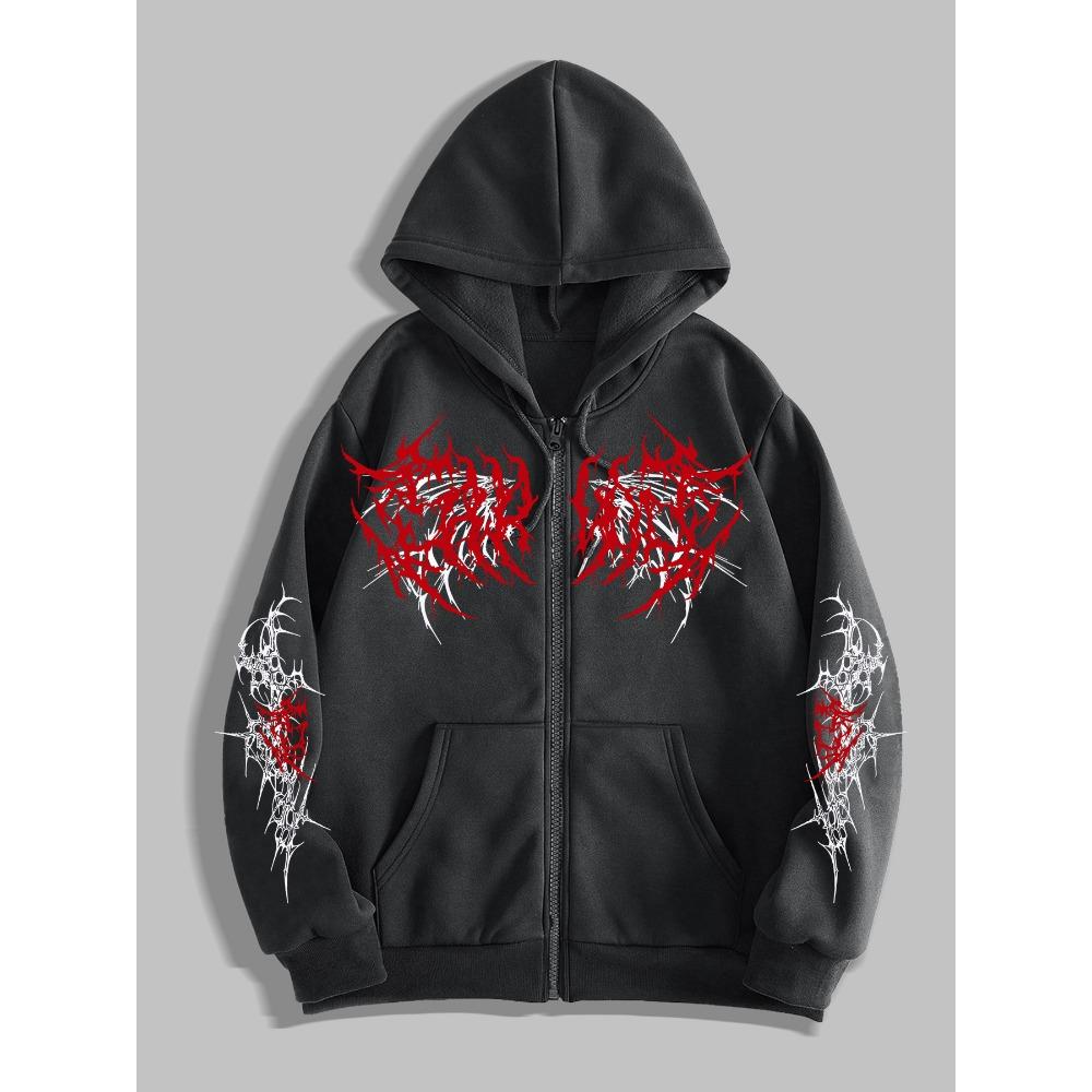 College Gothic Dark Wings Original Printed Zipper Hoodie, a Fashionable Street Trend Zipper Hoodie Suitable for Casual Occasions
