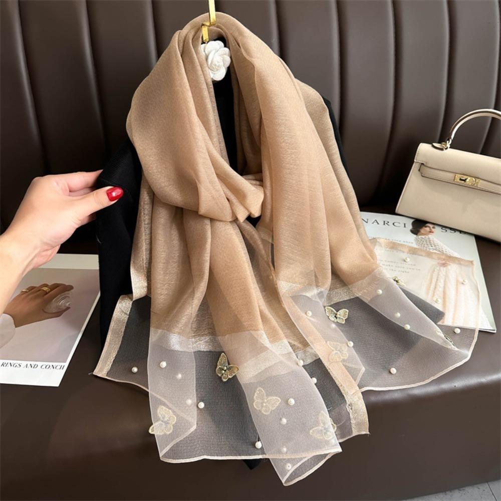 Thin Butterfly Embroidery Scarf Pearl Women Hijab Shawls Elegant Silk Scarf Lady