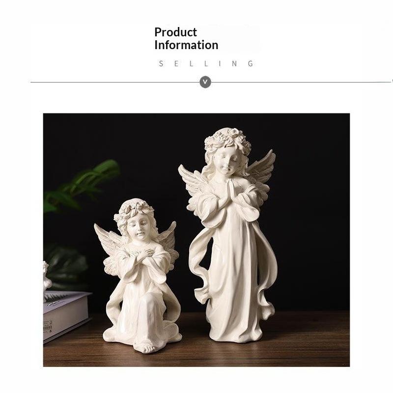 White Resin Praying Angel Figurine with Wings Floral Crown Elegant Desktop Shelf Ornament for Home Living Room Decor