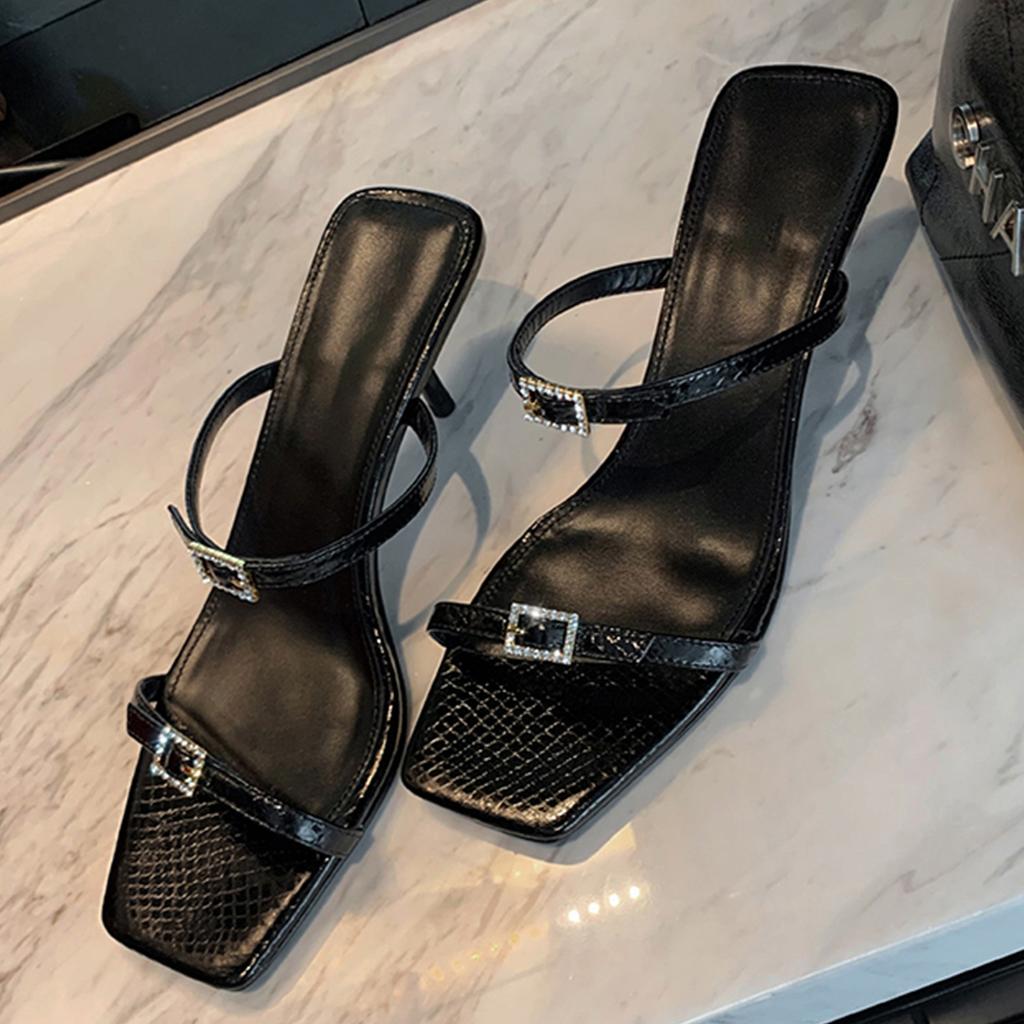 Fashion Silver Serpentine Buckle Belt Slippers Woman High Heels Stilleto Slides Shoes Ladies Narrow Band Sandalias Femme Party Flipflops