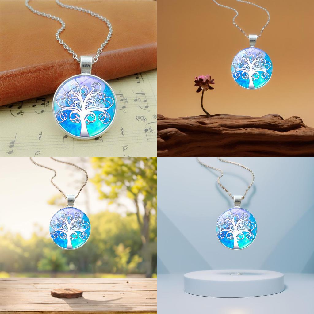 Timeless Classic Tree Pattern Pendant Necklace Featuring A Stunning Glass Cabochon Design