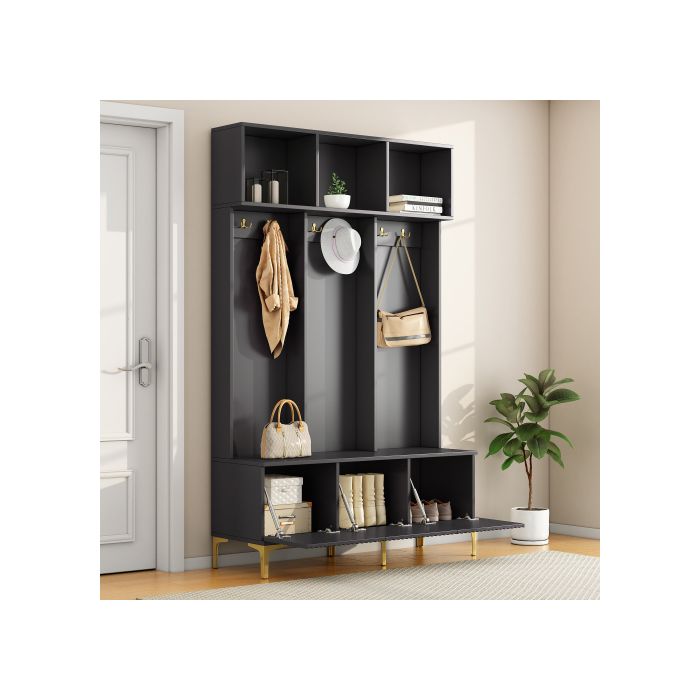 Meuble d’entrée - MUVOE - Arbre de couloir - Noir - Banc de rangement - 6 crochets dorés