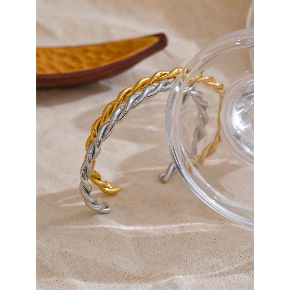 Yhpup Stainless Steel Metal Twist Cuff Bracelet Bangle Waterproof Minimalist Metal Daily Fashion Gold Color Plated Wrist Jewelry