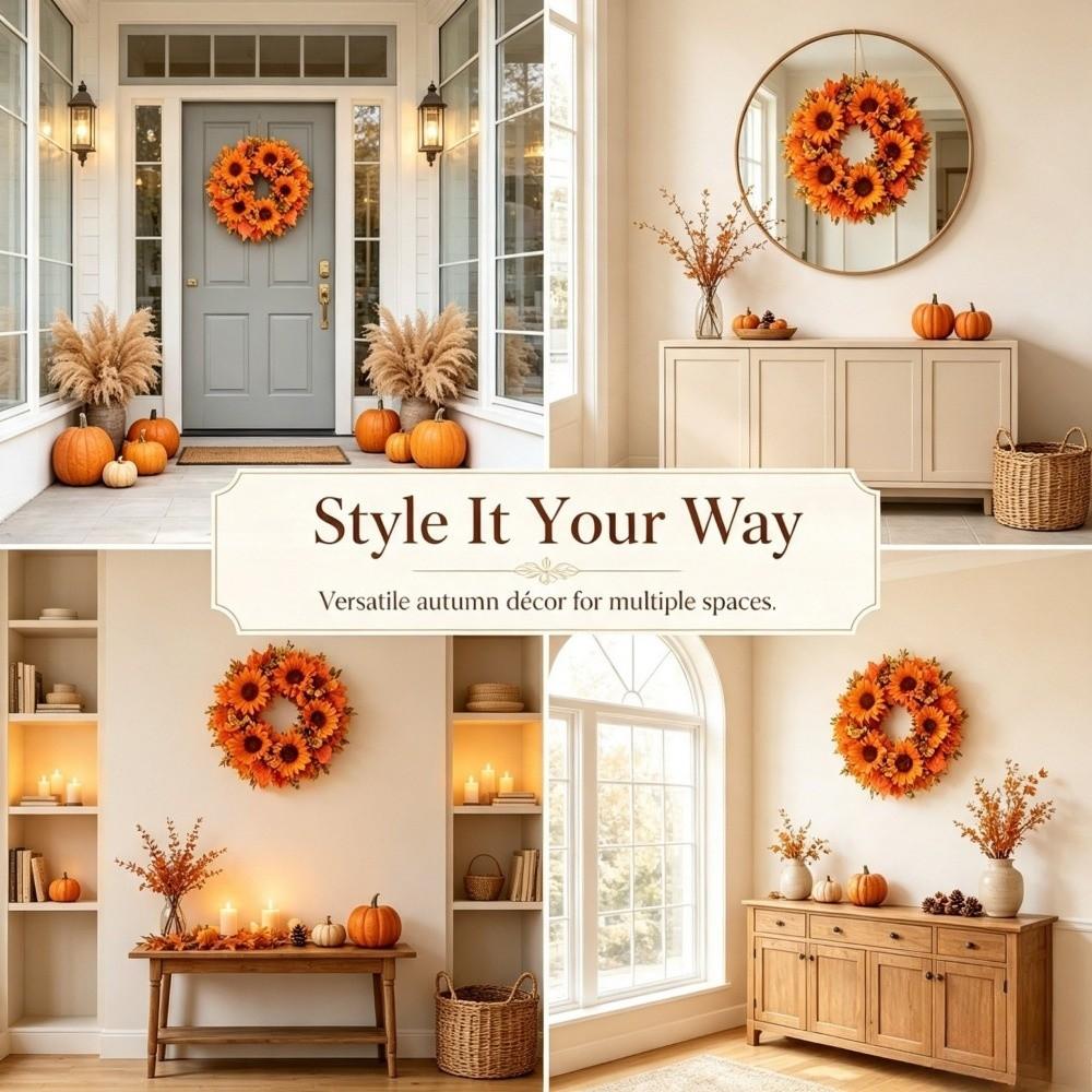 Thanksgiving Halloween Christmas Door Wreath Artificial Sunflower Wreath Indoor Outdoor