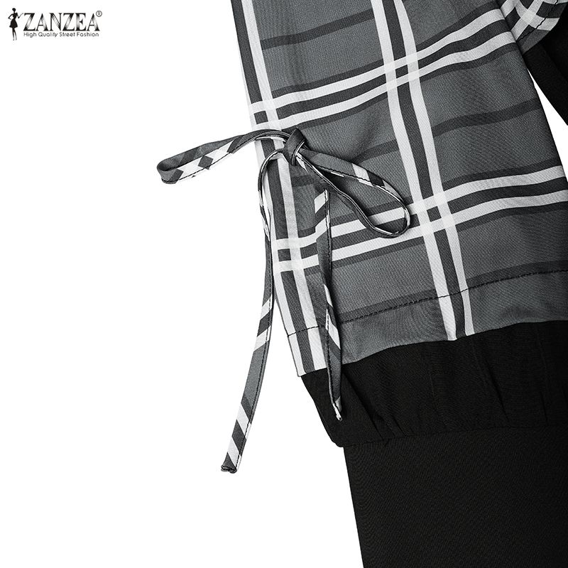 ZANZEA Women Muslim Casual Round Neck Long Sleeve Plaid Print Patchwork Loose Long Dress