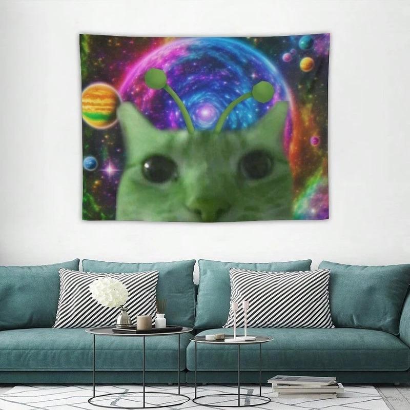 VIKAMA Trendy Alien Cat Tapestry EasyCare Wall Hanging For Gaming Rooms Personalised Decorative Wall Tapestry