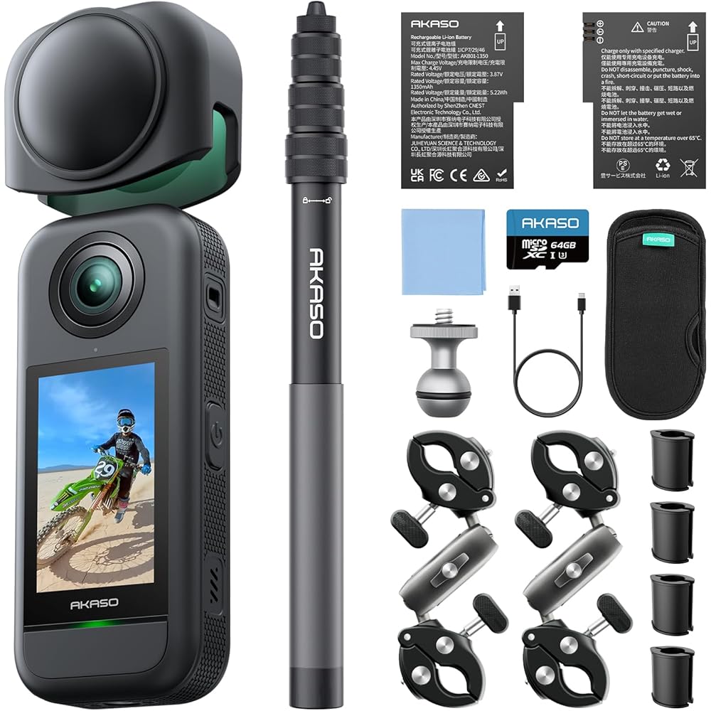 AKASO 360 Motorcycle Kit with 256GB SD Card - 360 Degree Camera - Action Camera with 5.7K 360° Video, 72MP 360° Photos, New 1/2-inch 48MP Sensor, 360°