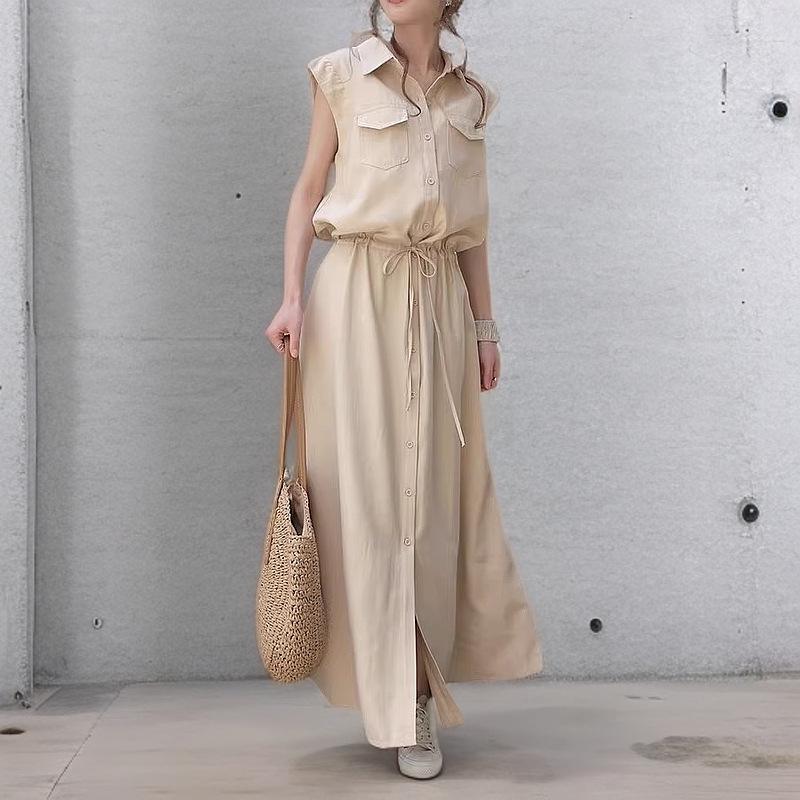 Женское весенне-осеннее платье-макси рубашечного кроя с отложным воротником - Длинный рукав, Однотонное, Повседневное