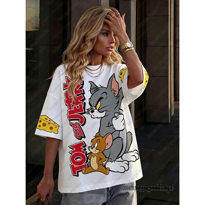 Смешные Мультяшные Футболки с Принтом Tom&Jerry для Женщин Летние Повседневные с Круглым Вырезом Уличные С Коротким Рукавом Оверсайз Свободные Футболки Y2K Парные Топы