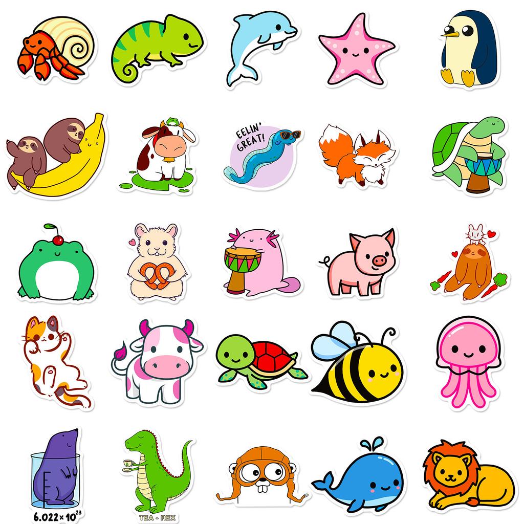50 Cute Animal Series Stickers, Children'S Educational Cartoons Simplified Wind Small Animal Stickers Luggage