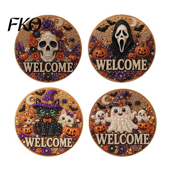 Ghost Welcome Sign Kit Halloween Faux Pearl Door Kit, Skull Skeleton Cat Decorative Painting Crafts Handmade Arts for Wall Decoration