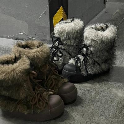 Нишевый дизайнерский флис утолщенные зимние сапоги женские зимние новые круглый носок средняя голень толстая подошва увеличивающие рост теплые пушистые сапоги