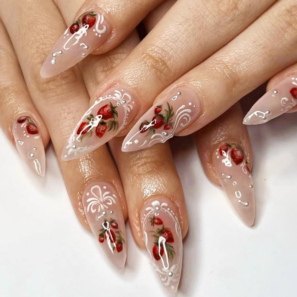 Pink Fake Nails with Strawberries Printed Sweet & Charming Reusable False Nails for Women and Girl Nail Salon