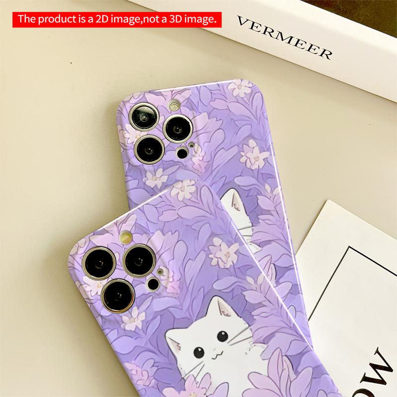 2DFlat White Cat Amid Purple Flowers Phone Case All inclusive film hard iPhone case, compatible with iPhone 18 Pro Max 17 16 15 14 13 12 11